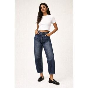 Oliver Logan Barrel Leg Jeans 27 Dark Wash High Rise Curved Horseshoe Denim